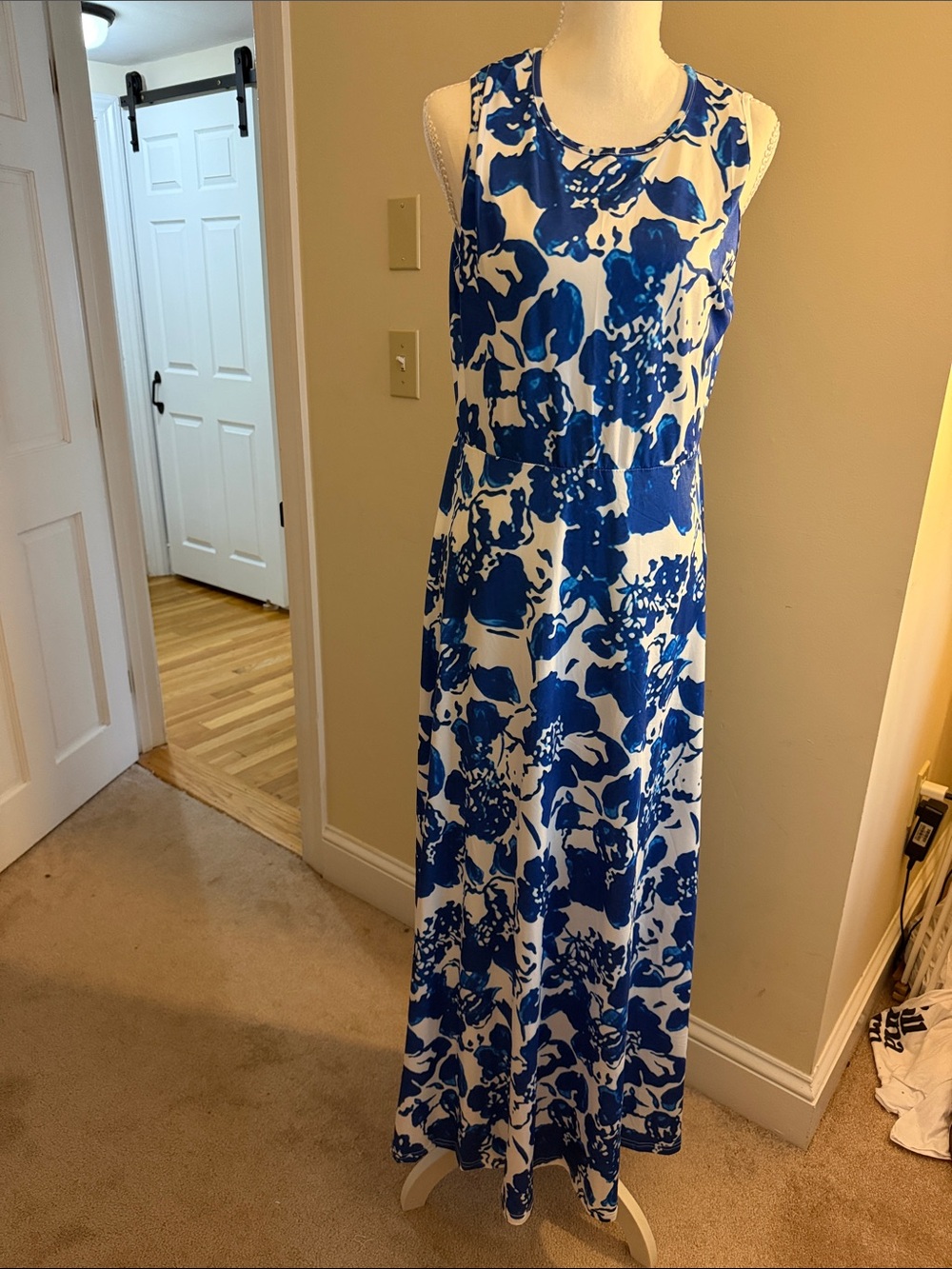 Sleeveless Blue and White Floral Maxi Dress